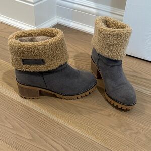 Gray and Tan Suede Ankle Boots